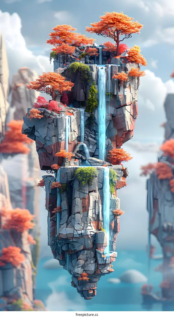 Surreal floating island with waterfalls and trees