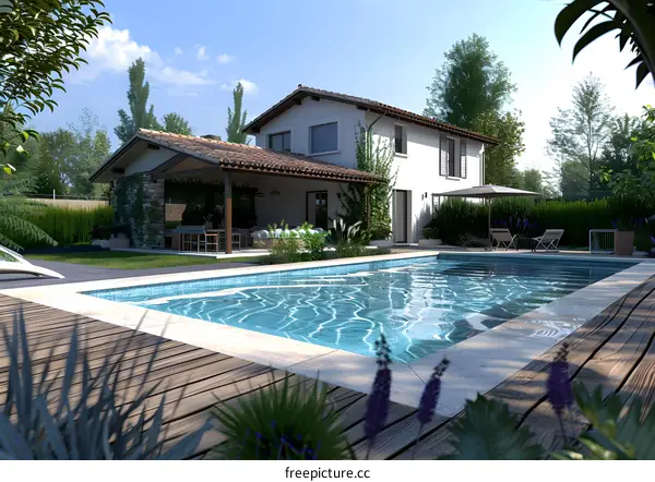 A beautiful house with a pool and a garden