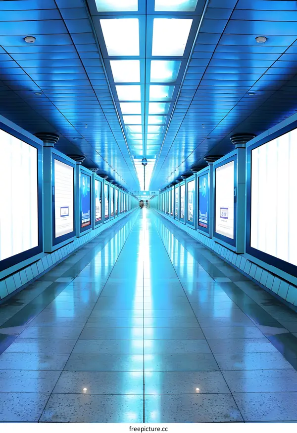 Blue Illuminated Subway Tunnel with Advertising