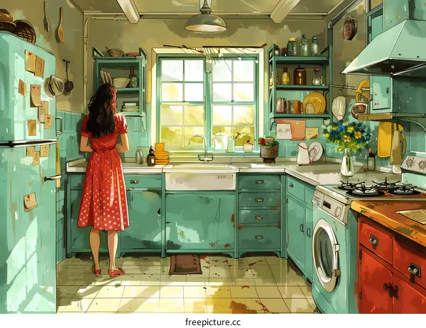 A woman standing in a retro kitchen