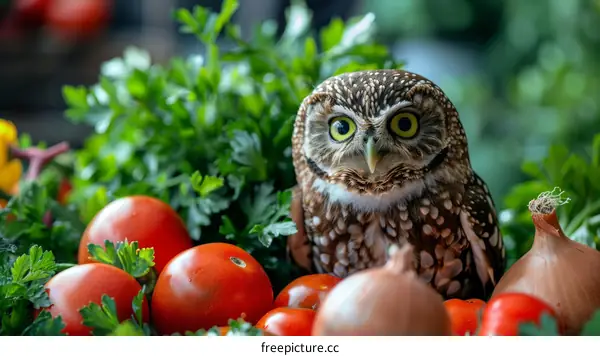 A Curious Owl Peers Out from Among Ripe Tomatoes and Herbs