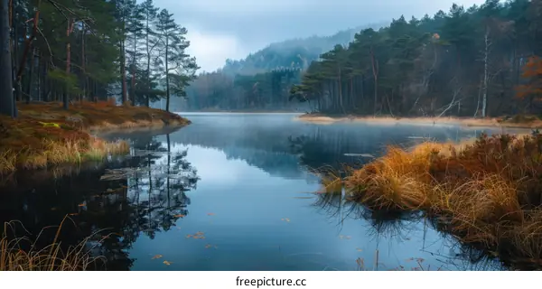 Misty Serenity: Tranquil Lake in the Morning Haze