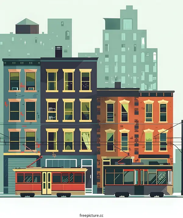 Vintage Street Scene with Tram in City Buildings