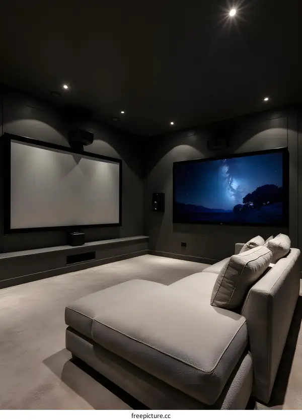 Modern Home Theater Room with a Large Screen and Comfortable Seating