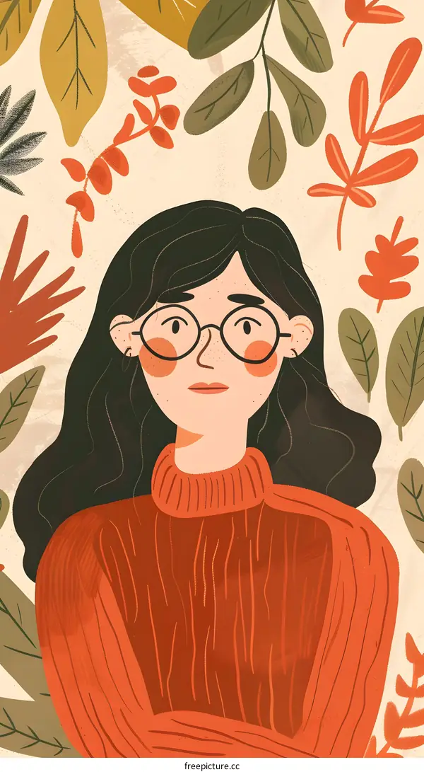 Woman with Glasses and a Red Sweater Surrounded by Leaves