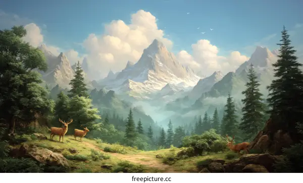 Majestic Mountain Landscape with Deer