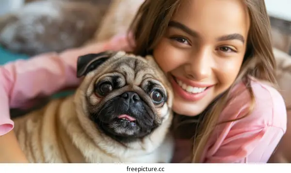 pug dog breed smiling with a woman