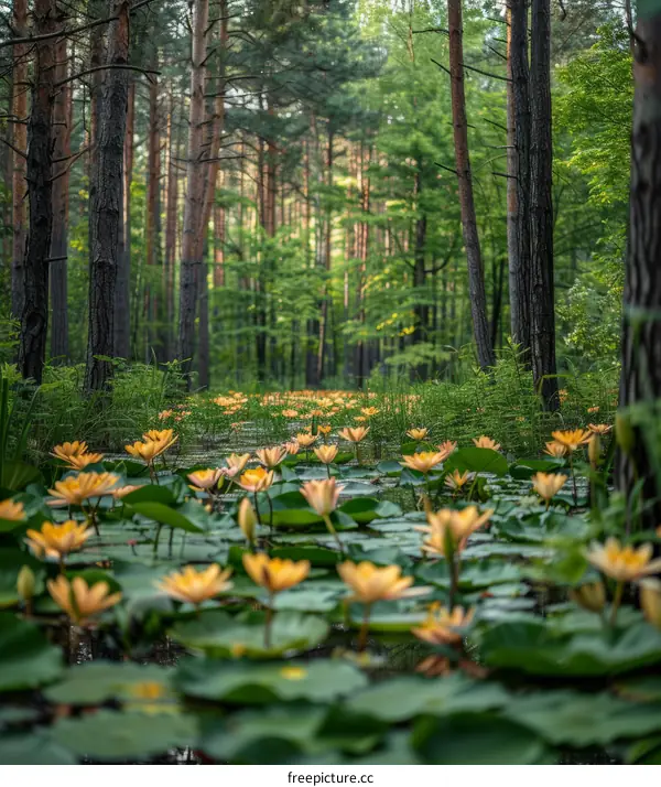 Mystical Pond in the Pine Forest