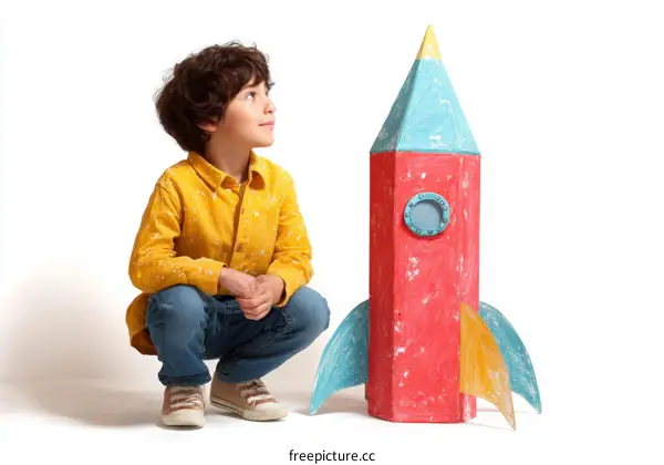 Boy Imagining a Space Voyage with Handmade Rocket