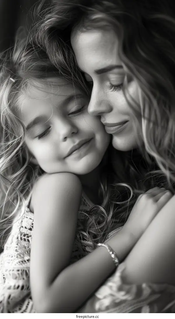 Black and white portrait of a mother and her daughter