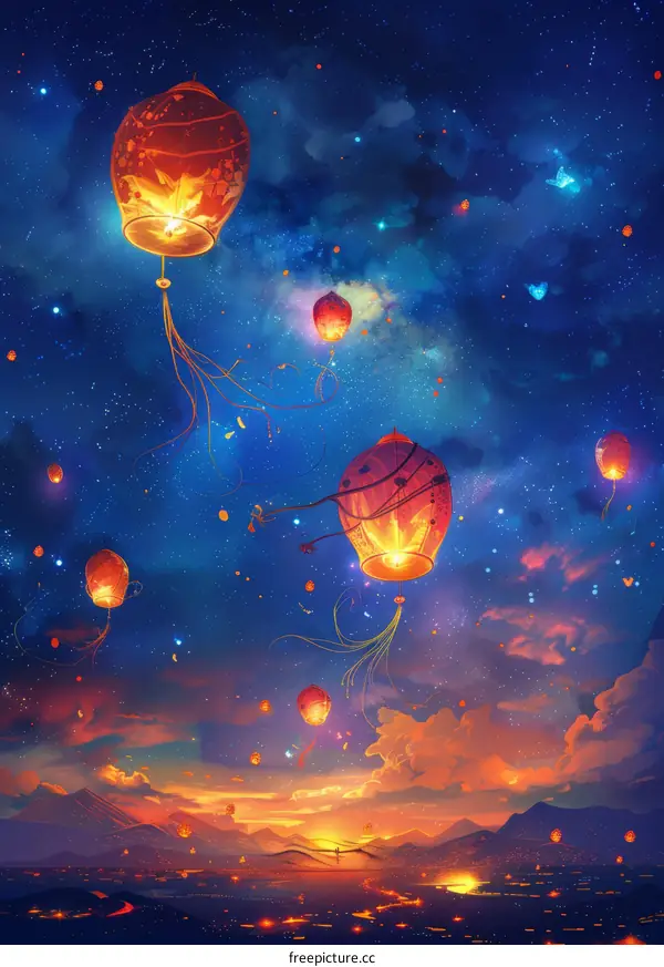 Magical Sky Lanterns on a Starry Night