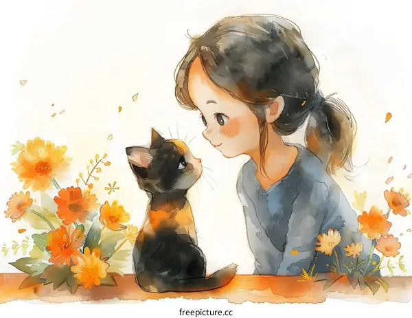 An illustration of a girl and a cat sitting on a fence