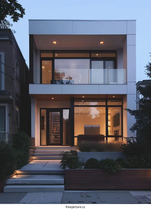Modern minimalist two-story house with large glass windows