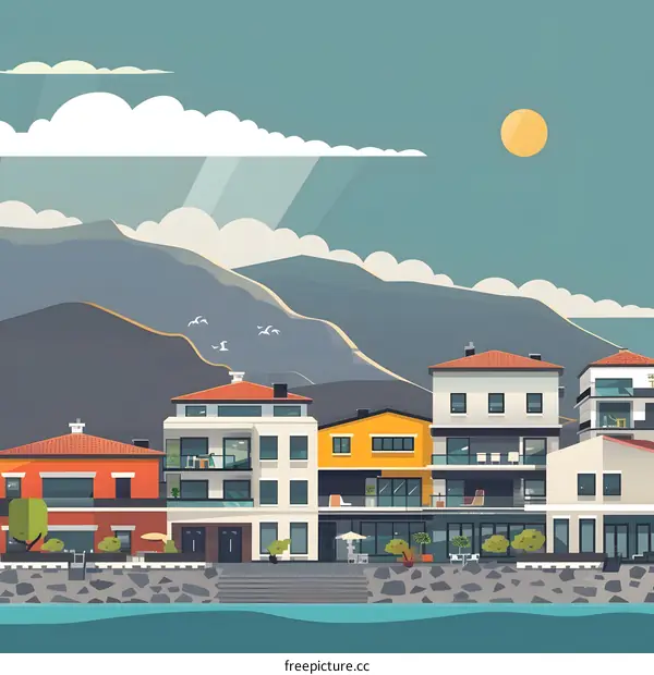Coastal Town Illustration with Houses, Mountains, and Sea