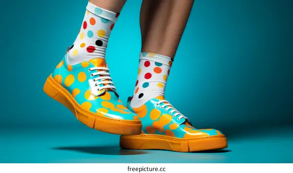 A person wearing colorful polka dot socks and bright yellow shoes