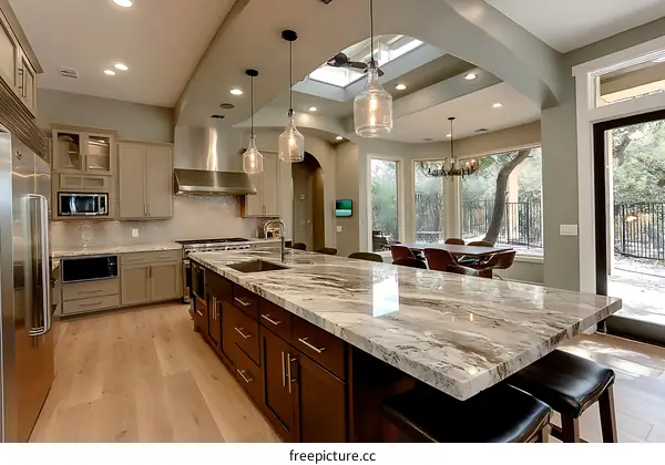 Modern Kitchen with Large Granite Island and Natural Light