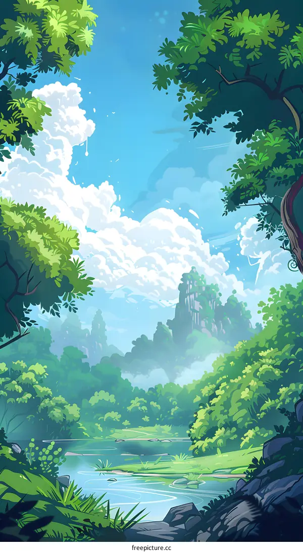 Green Forest Illustration With River And Blue Sky
