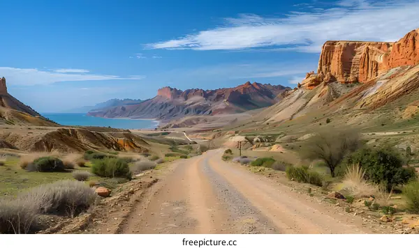 Dirt road through the mountains next to the sea