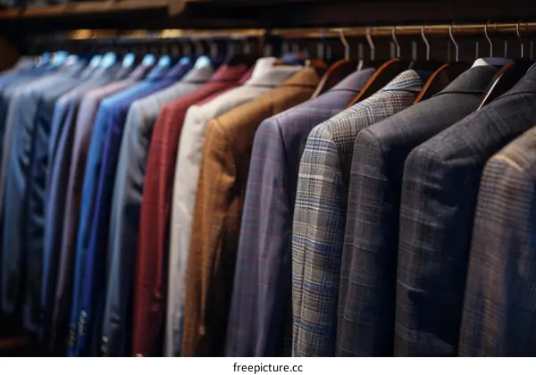 A collection of suits of various colors and patterns hanging on a rack in a store