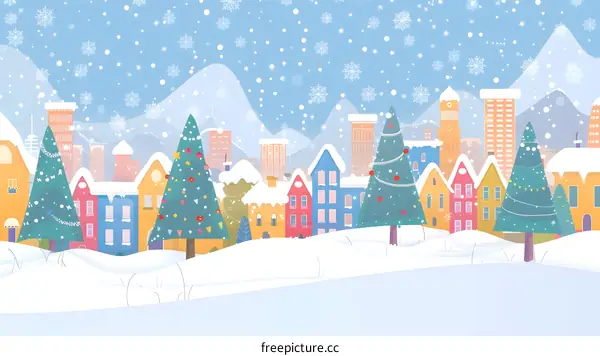 Snowy Winter Cityscape with Christmas Trees