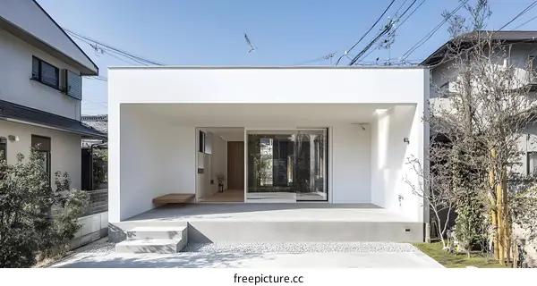 Minimalist White House Entrance with Glass Sliding Doors and Concrete Patio