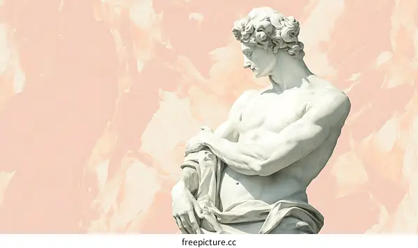 Marble Statue of a Man with Drapery Against a Pink Background