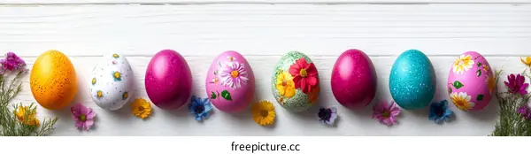 Colorful Easter Eggs on a White Wooden Background
