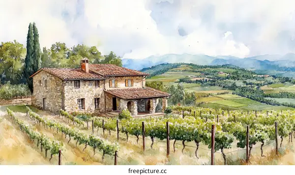Watercolor Painting of Italian Countryside Home and Vineyard