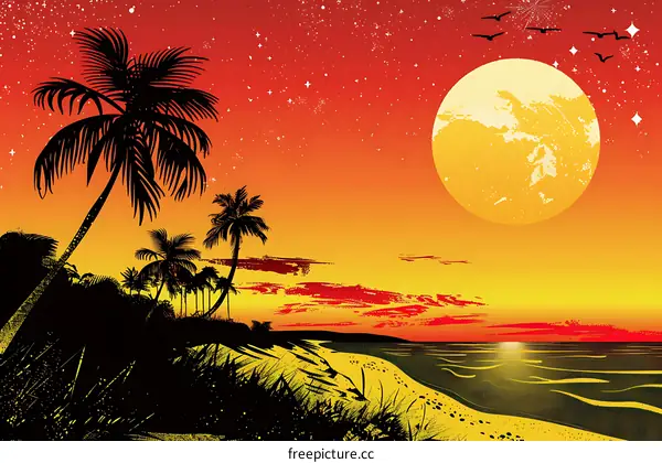 Silhouette Palm Trees On Beach With Full Moon And Starry Sky