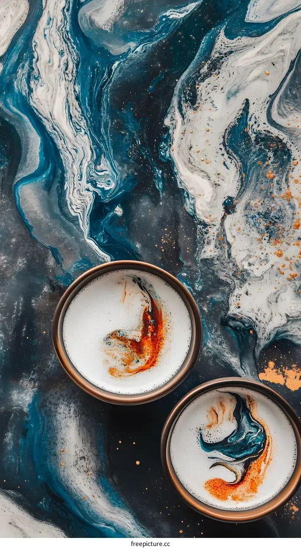 Abstract Art Swirls of Blue, White, and Gold with Two Cups of Coffee