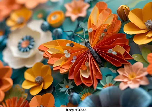 A 3D illustration of an orange butterfly made of paper surrounded by paper flowers of various colors against a blue background