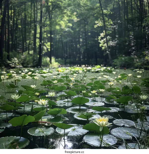White water lilies in a pond surrounded by a forest