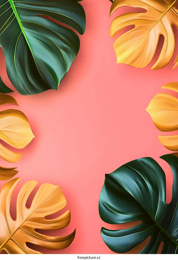 Tropical Monstera Leaves Frame on Pink Background
