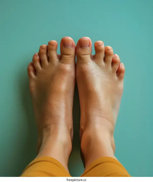 Top view of woman feet on green background