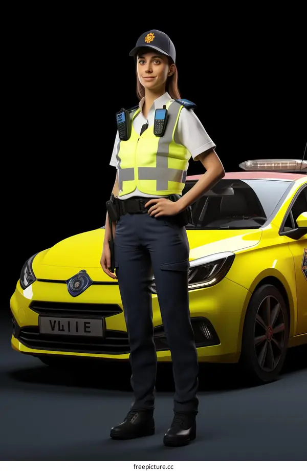 Female Police Officer in Uniform Stands Before Police Vehicle