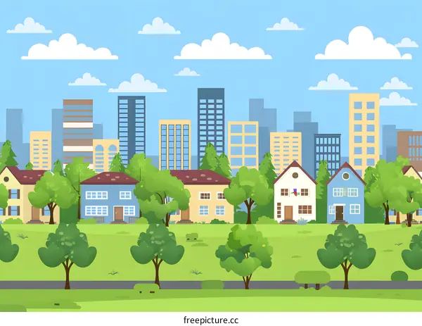 Cartoon Cityscape with Green Trees and Blue Sky