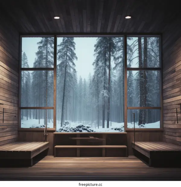 Wooden sauna with a view of the snowy forest