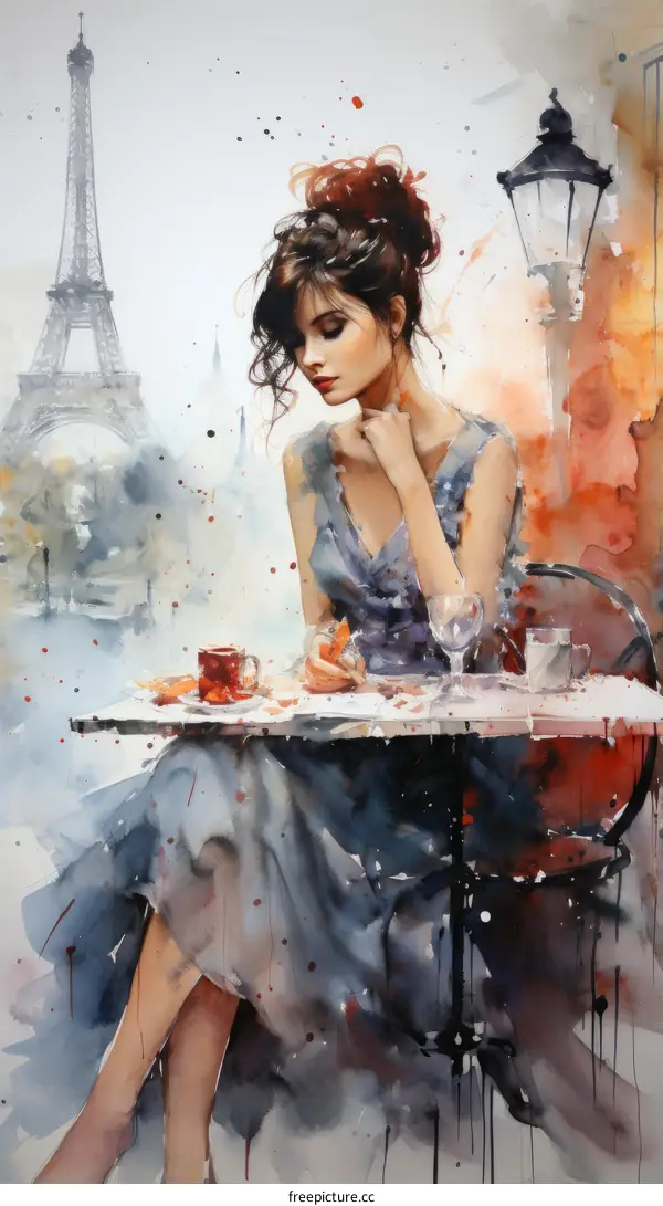 An elegant lady is sitting at a table outside a cafe in Paris, France