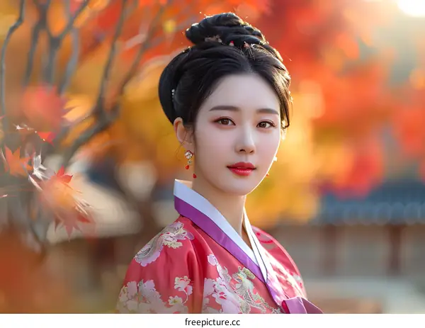 Portrait of a beautiful young woman in traditional Korean dress, or Hanbok