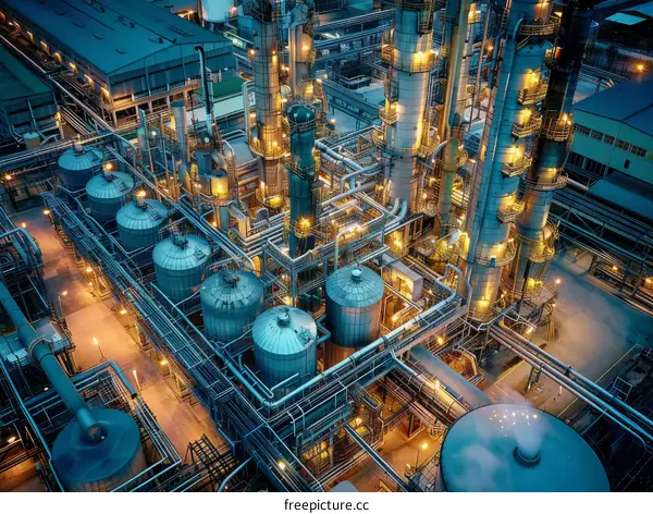 A bird's eye view of a modern industrial chemical plant at night