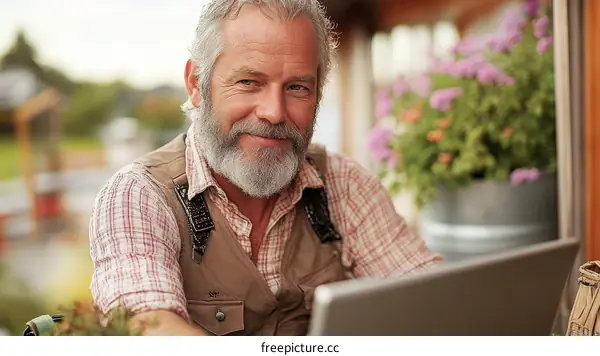 Smiling Senior Man Working on Laptop Outdoors