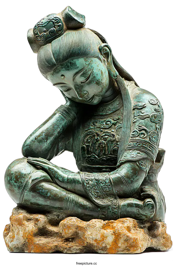 [Transparent Background PNG]Ancient Chinese Bronze Statue of a Woman in a Sitting Position