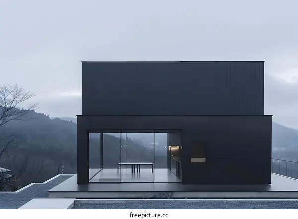Modern Black House with Glass Doors and View of Mountain Range