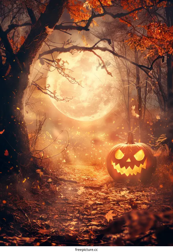 Halloween pumpkin glowing in a spooky moonlit forest