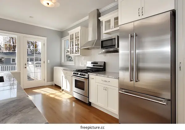 Modern Kitchen with Stainless Steel Appliances and Wooden Floors