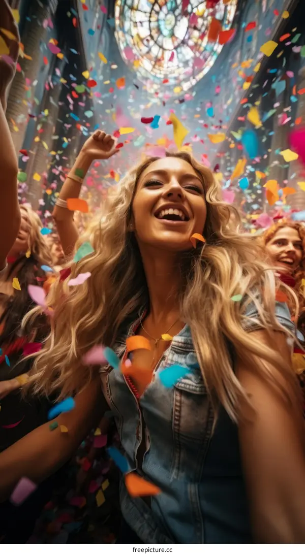 Ecstatic Crowd of Blonde Women Celebrating with Colorful Confetti Falling