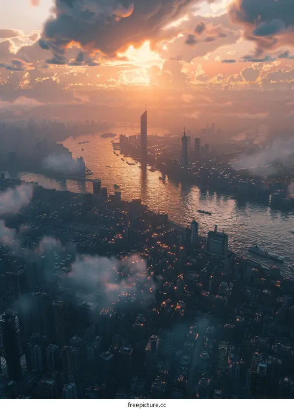 City Skyline with Sunset and River