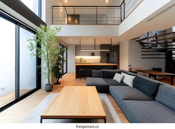 Modern Open Concept Living Room With Large Windows