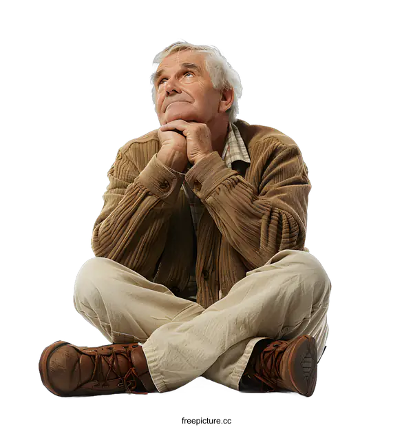 [Transparent Background PNG]Old Man Sitting In Front of a White Background
