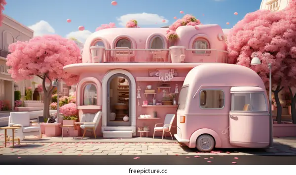 A pink house with a pink car in front of it